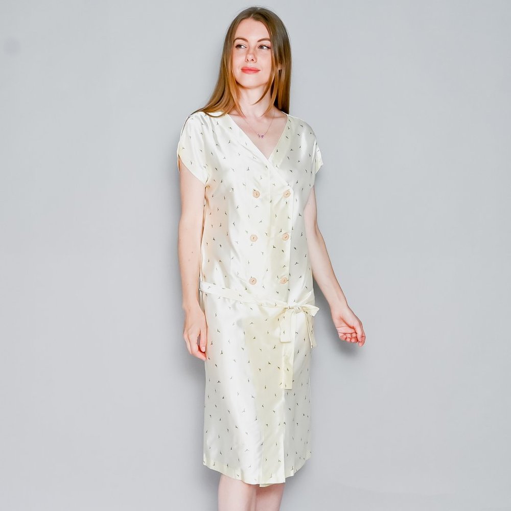VINTAGE Anna Paola Seagull Print Cream Satin Dress